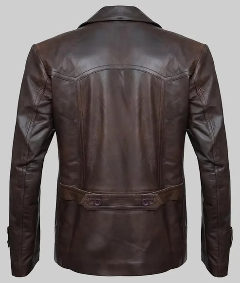 Back view of brown double breasted leather peacoat coat