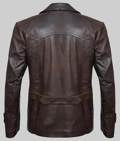Back view of brown double breasted leather peacoat coat