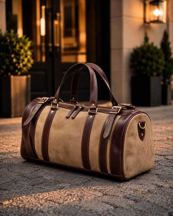 Brown leather overnight travel bag with shoulder strap
