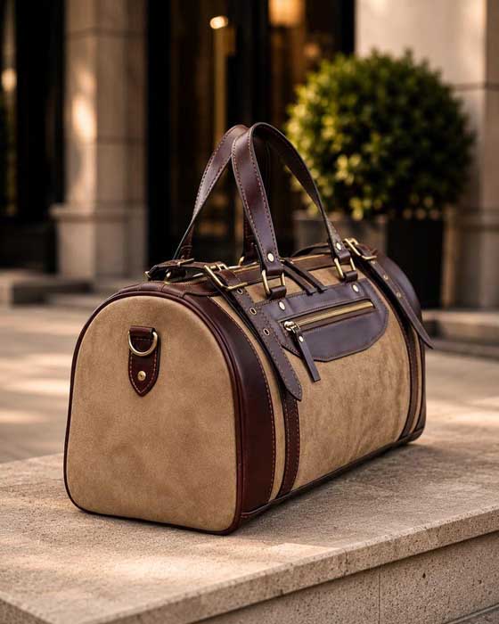 Vintage brown leather weekender bag front view