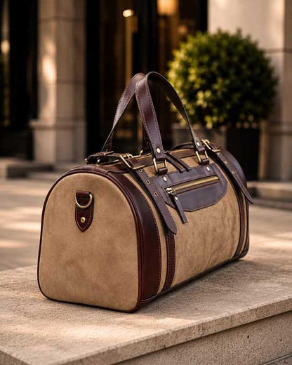 Vintage brown leather weekender bag front view