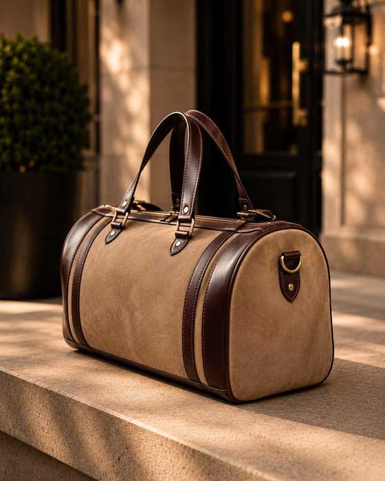 Brown leather carry on duffel bag with top handles