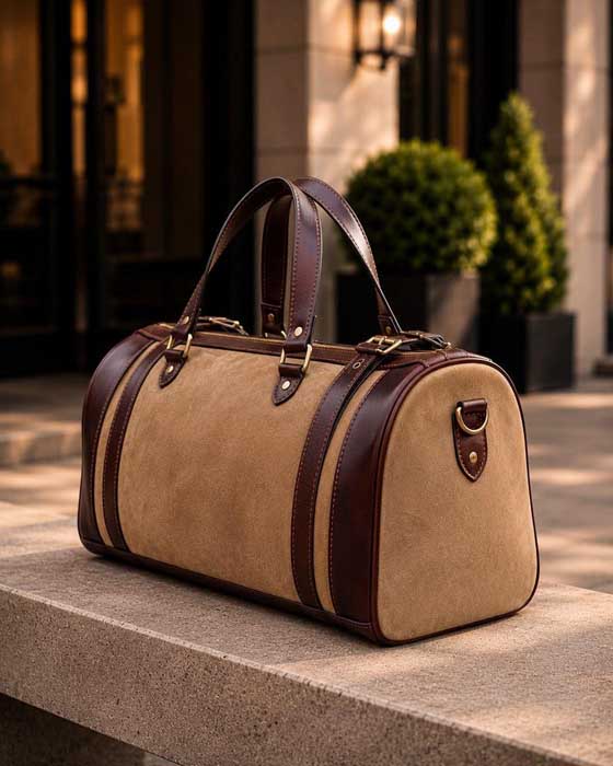 Leather travel duffel with front zippered pocket