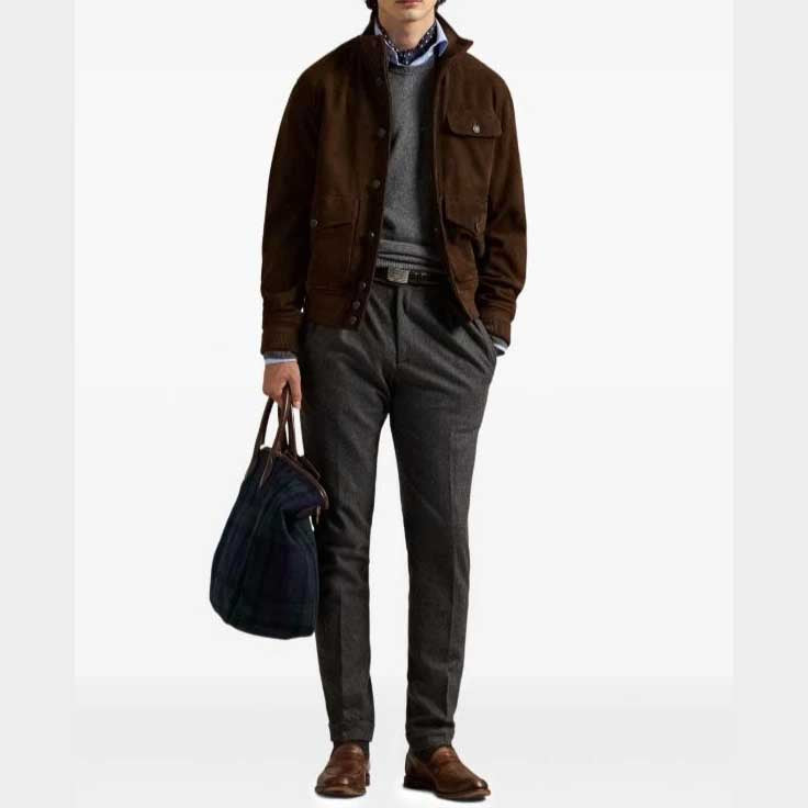 Brown Suede Leather Bomber Jacket for Men Classic Fit