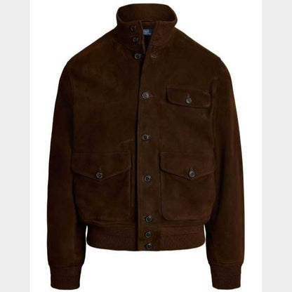 Brown Suede Leather Bomber Jacket for Men Classic Fit
