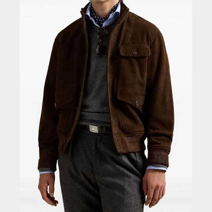 Brown Suede Leather Bomber Jacket for Men Classic Fit