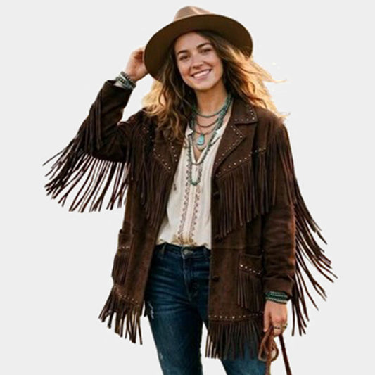 Women Brown Suede Leather Fringe Jacket Western Boho Biker Style