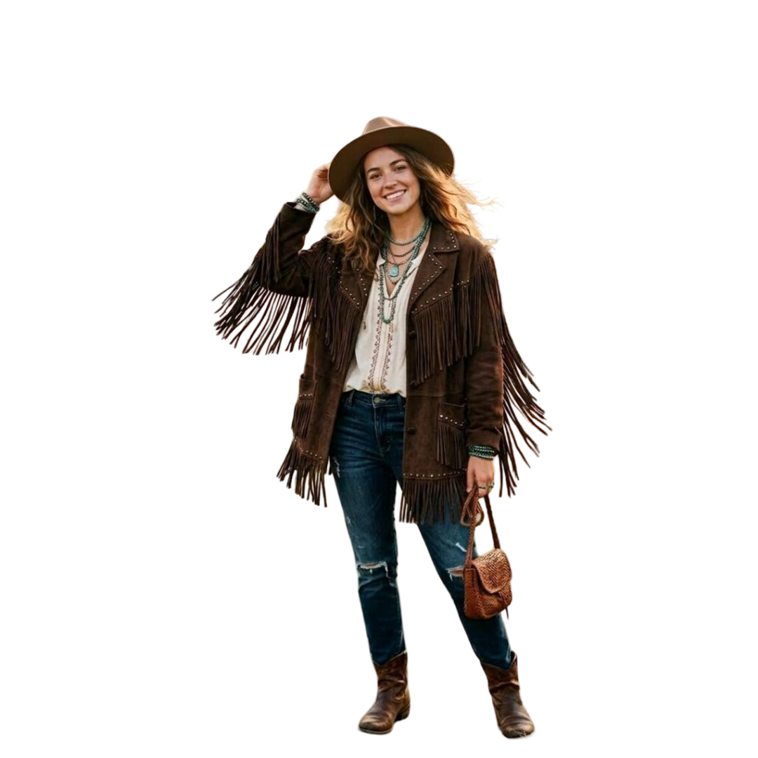 Front view of women brown suede leather fringe jacket with western studded details