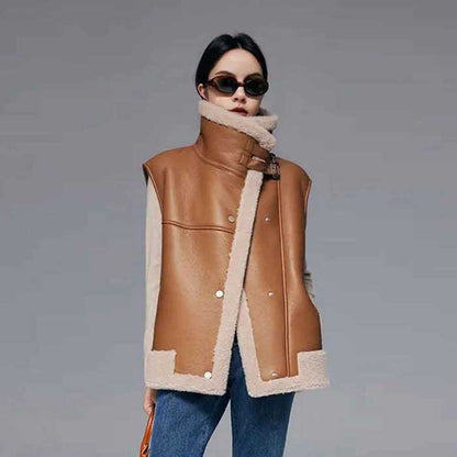 Brown women's genuine sheepskin shearling vest