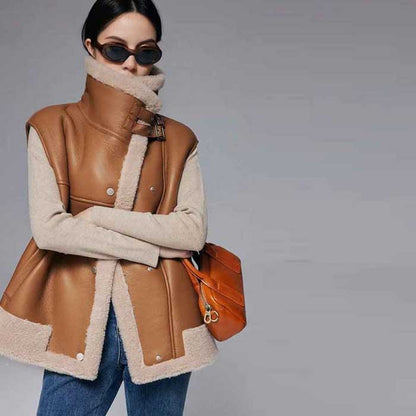 Brown women's shearling vest with long collar