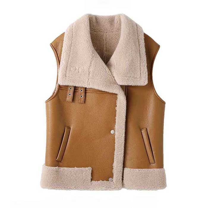 Women's brown oversized sheepskin leather vest