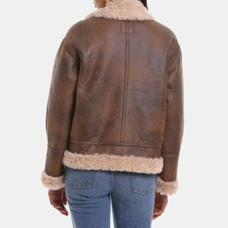 brown faux shearling moto jacket for women