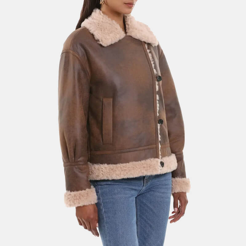 brown faux shearling motorcycle jacket for women