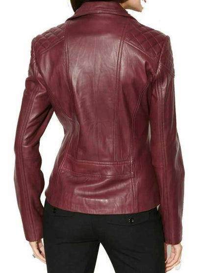 women's burgundy biker leather jacket is described as soft and lightweight.