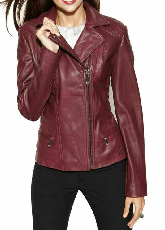 This burgundy biker leather jacket for women is made from premium genuine leather.