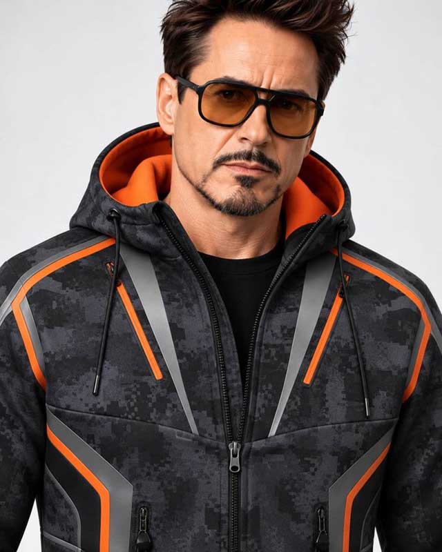 Avengers Infinity War Tony Stark Hooded Jacket close-up showing the outer material