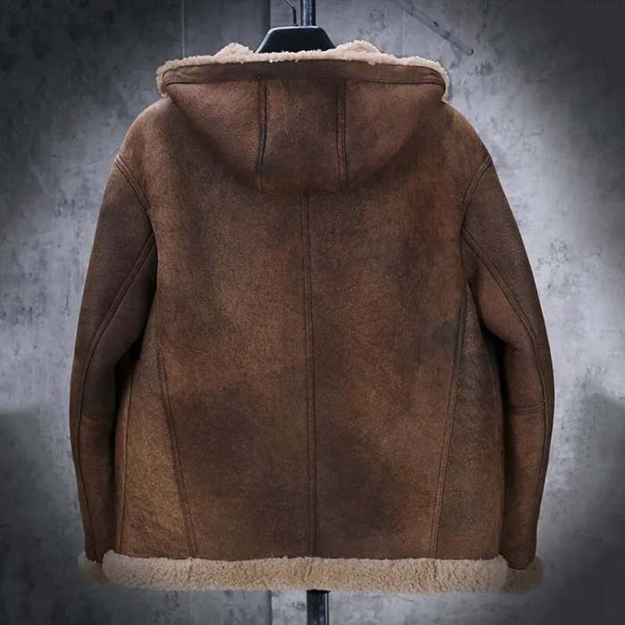Hooded dark brown leather jacket with a full front zipper