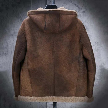 Hooded dark brown leather jacket with a full front zipper