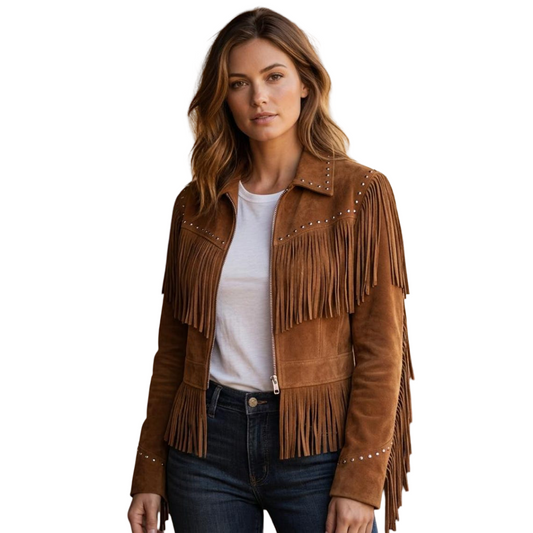Front view of camel brown suede fringe jacket women western boho style