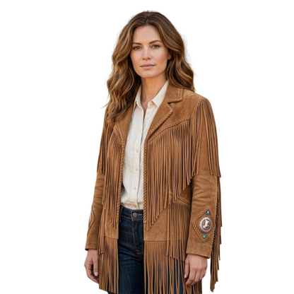 Front view of camel brown suede western fringe leather coat for women