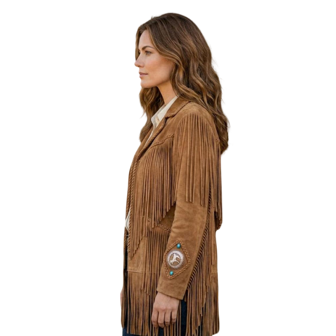 Side angle of women suede cowgirl fringe leather coat in camel brown