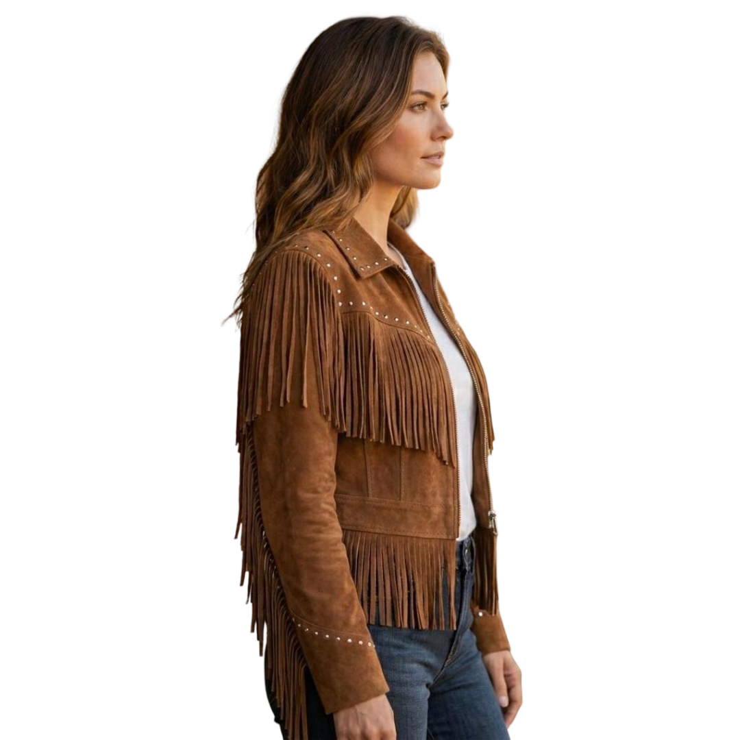Side detail of camel suede fringe jacket with long tassel fringe