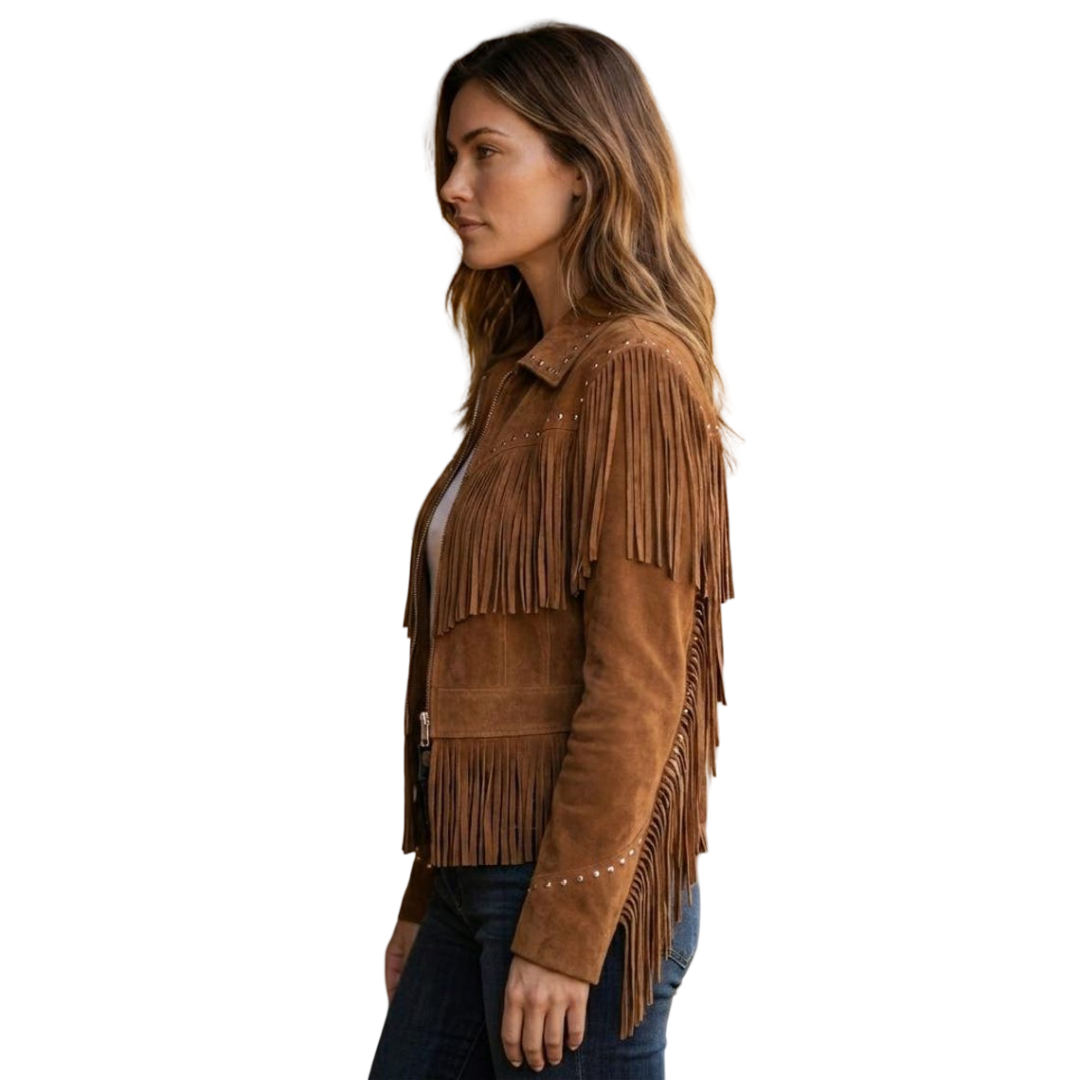 Side detail of camel suede fringe jacket with long tassel fringe