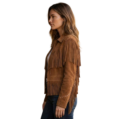 Side detail of camel suede fringe jacket with long tassel fringe