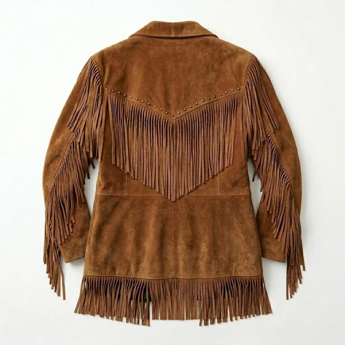 Back view of camel western boho suede leather fringe jacket

