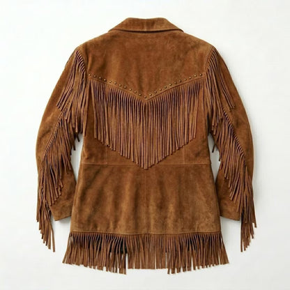 Back view of camel western boho suede leather fringe jacket

