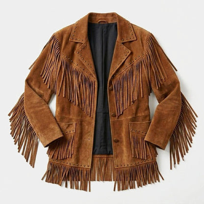 Front view of women camel suede leather fringe jacket with studded rivets