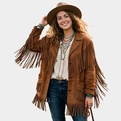 Women Camel Suede Leather Fringe Jacket Studded Western Biker Style
