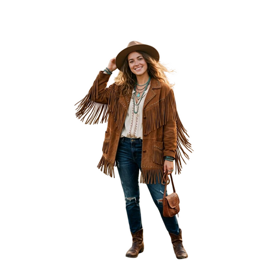 Front view of women camel suede leather fringe jacket with studded rivets