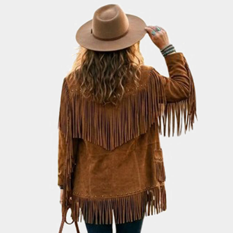 Women Camel Suede Leather Fringe Jacket Studded Western Biker Style