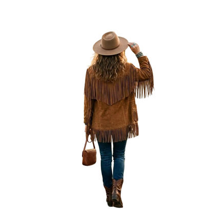 Back view of camel western boho suede leather fringe jacket