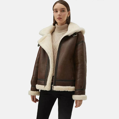 chocolate brown shearling coat for women