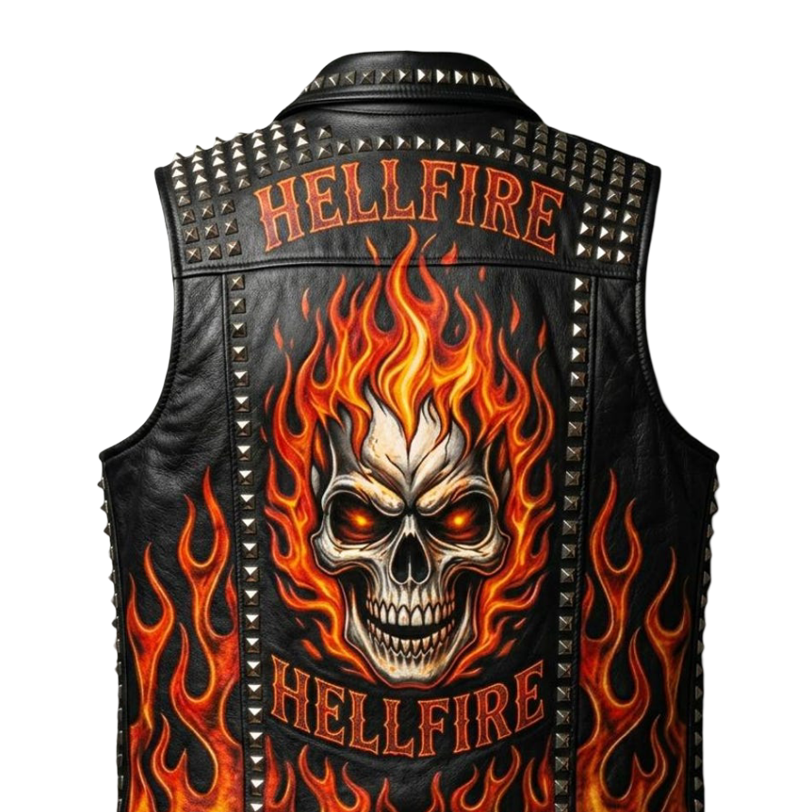 Close up of skull and flame artwork on black leather biker vest