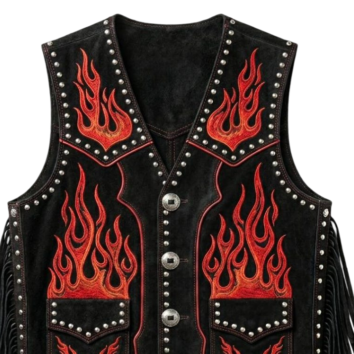 Close up front of red flame embroidery on black suede biker waistcoat