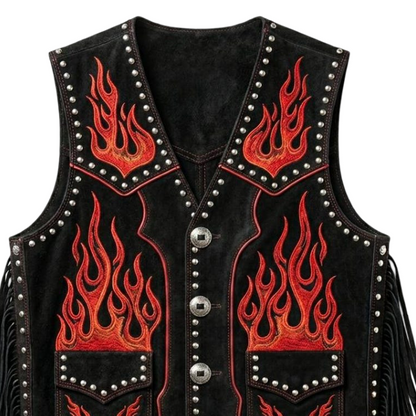 Close up front of red flame embroidery on black suede biker waistcoat
