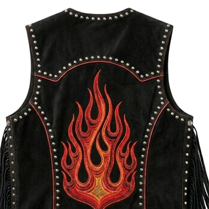 Close up of red flame embroidery on black suede biker waistcoat