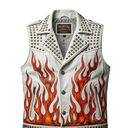 Close up skull and flame sublimation design on white leather biker vest