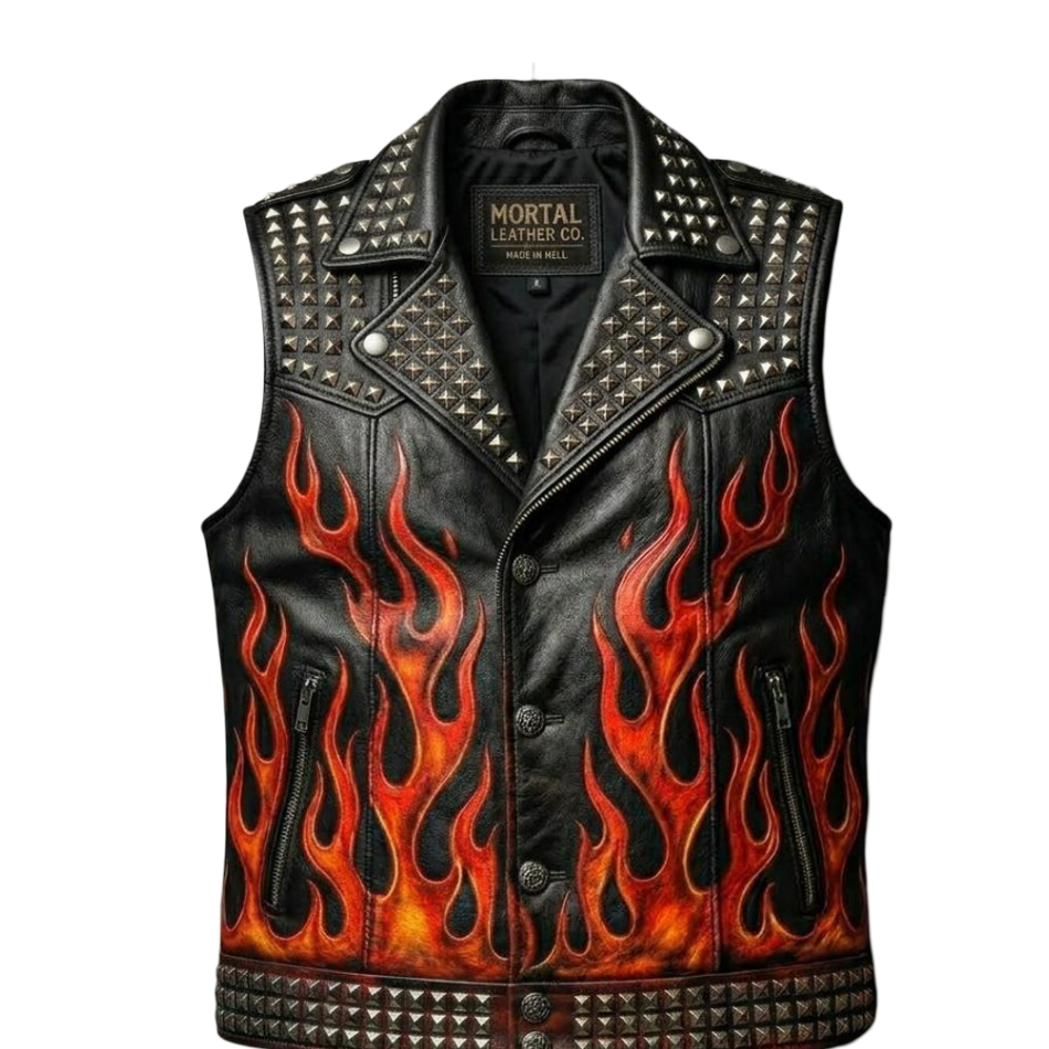 Close up front of skull and flame artwork on black leather biker vest