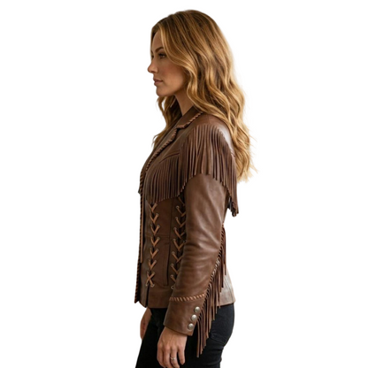 Side profile of brown leather fringe cowgirl jacket
