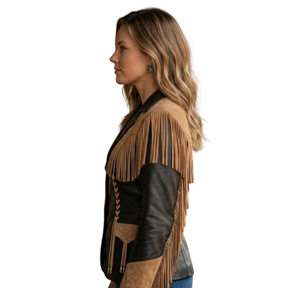 Side view of women’s cowgirl fringe leather jacket in black and tan