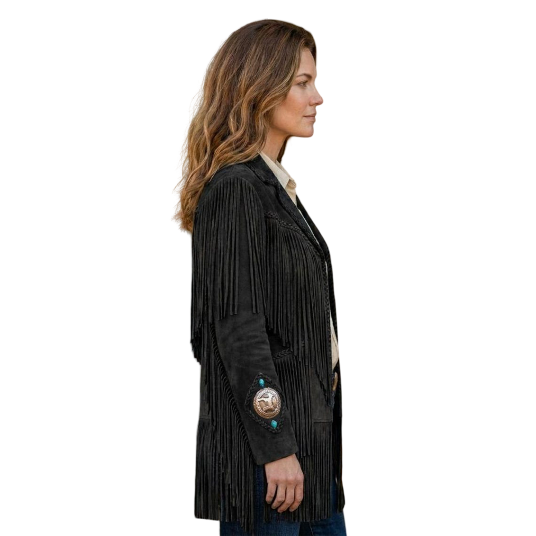Side angle of women cowgirl fringe suede leather coat in black