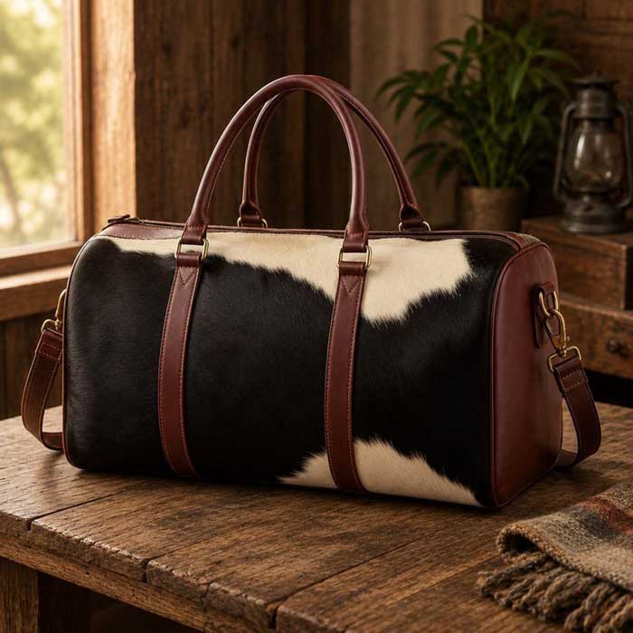 Cowhide leather weekender travel bag in brown
