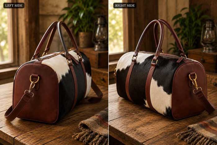 Brown Western cowhide duffel bag with leather handles