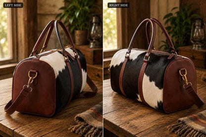 Brown Western cowhide duffel bag with leather handles