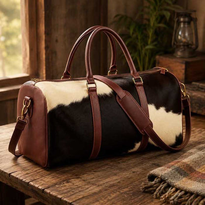 Brown cowhide leather duffel bag front view
