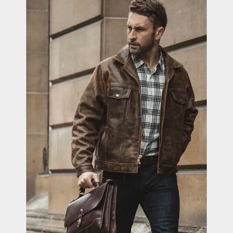 custom mens trucker distressed leather jacket in dark brown shearling store